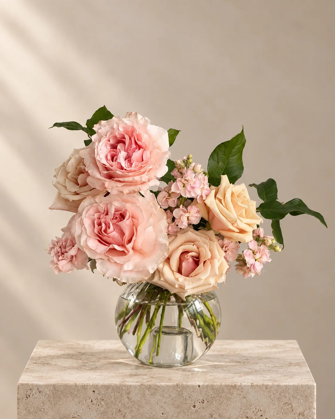 Blush and peach roses in a round clear glass vase on pale stone